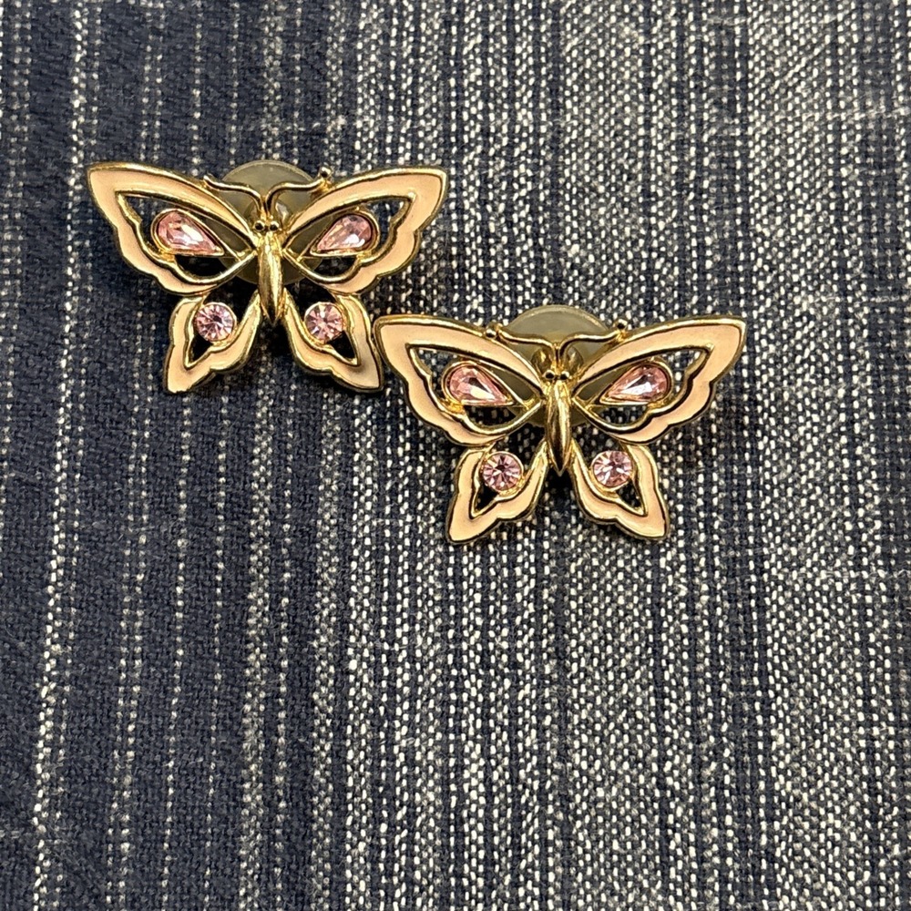 Vintage Butterfly Enamel Gold Tone Earrings Pink